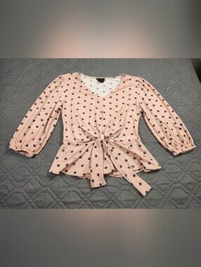 Fifty Street pink black polka dot blouse V-neckline tie-front detail Size M